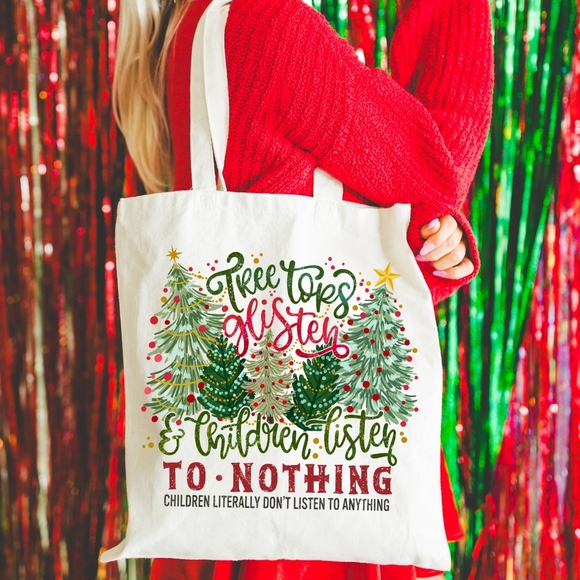 Christmas Tree Funny Children Listen To Nothing Natural Cotton Canvas Tote - Picture 1 of 2